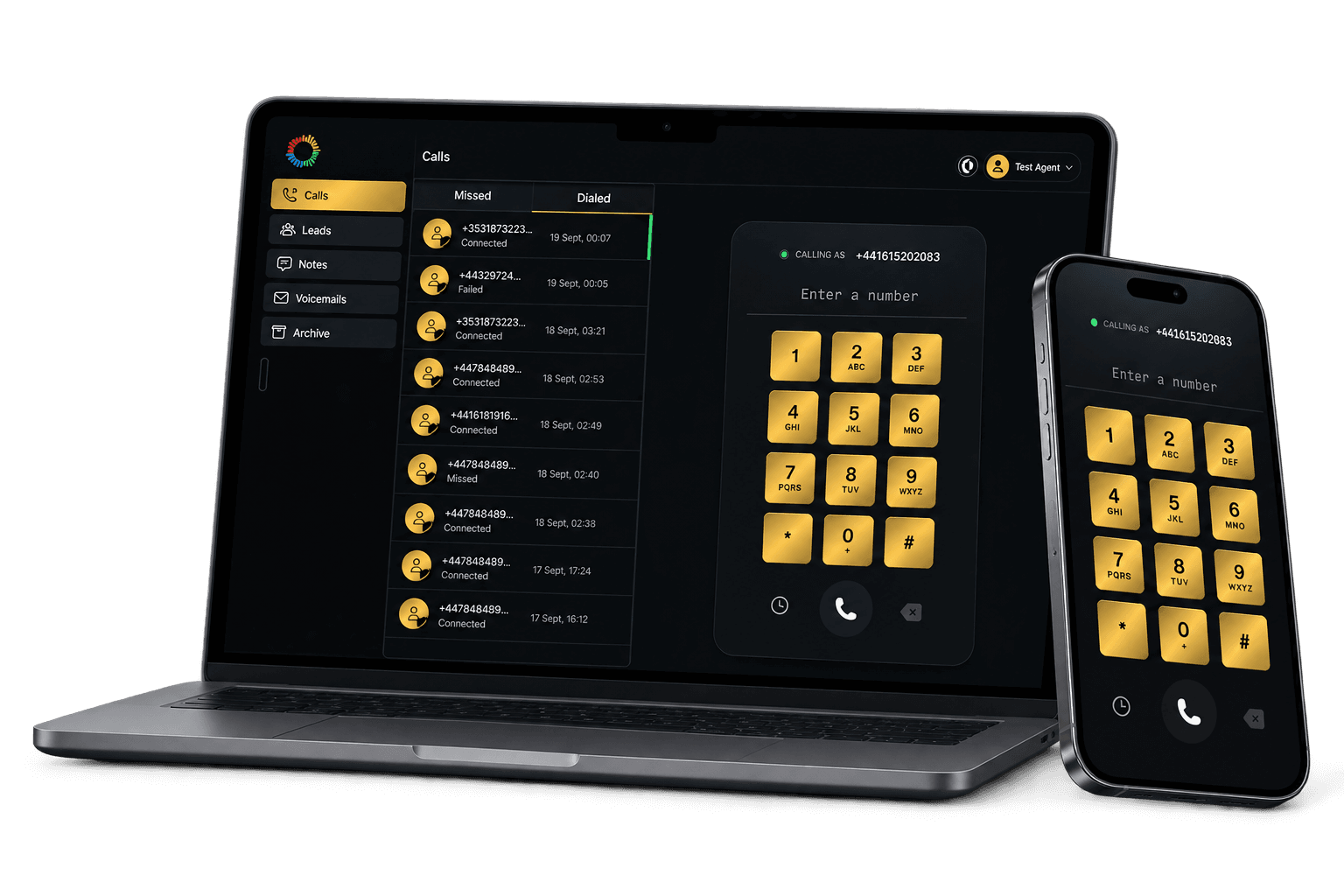 ReachCalls agent dial pad on a laptop and a phone, with recent calls to UK and Ireland numbers